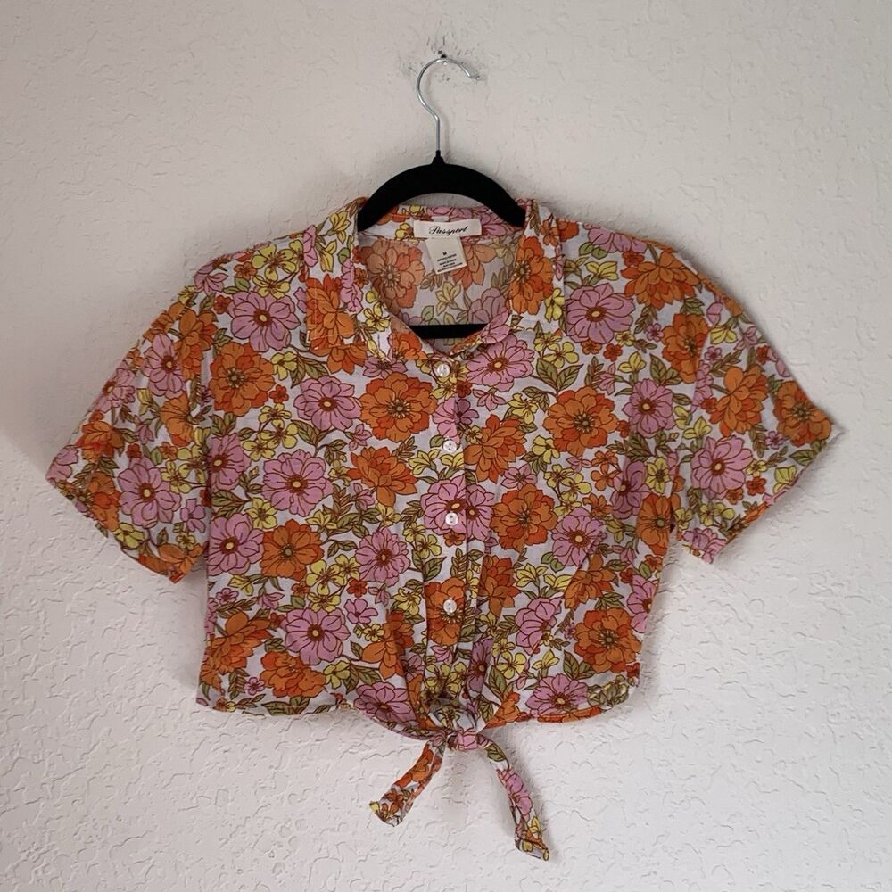 Passport Top Womens M Pink‎ Orange Floral Front Tie Button Down Crop Funky Retro